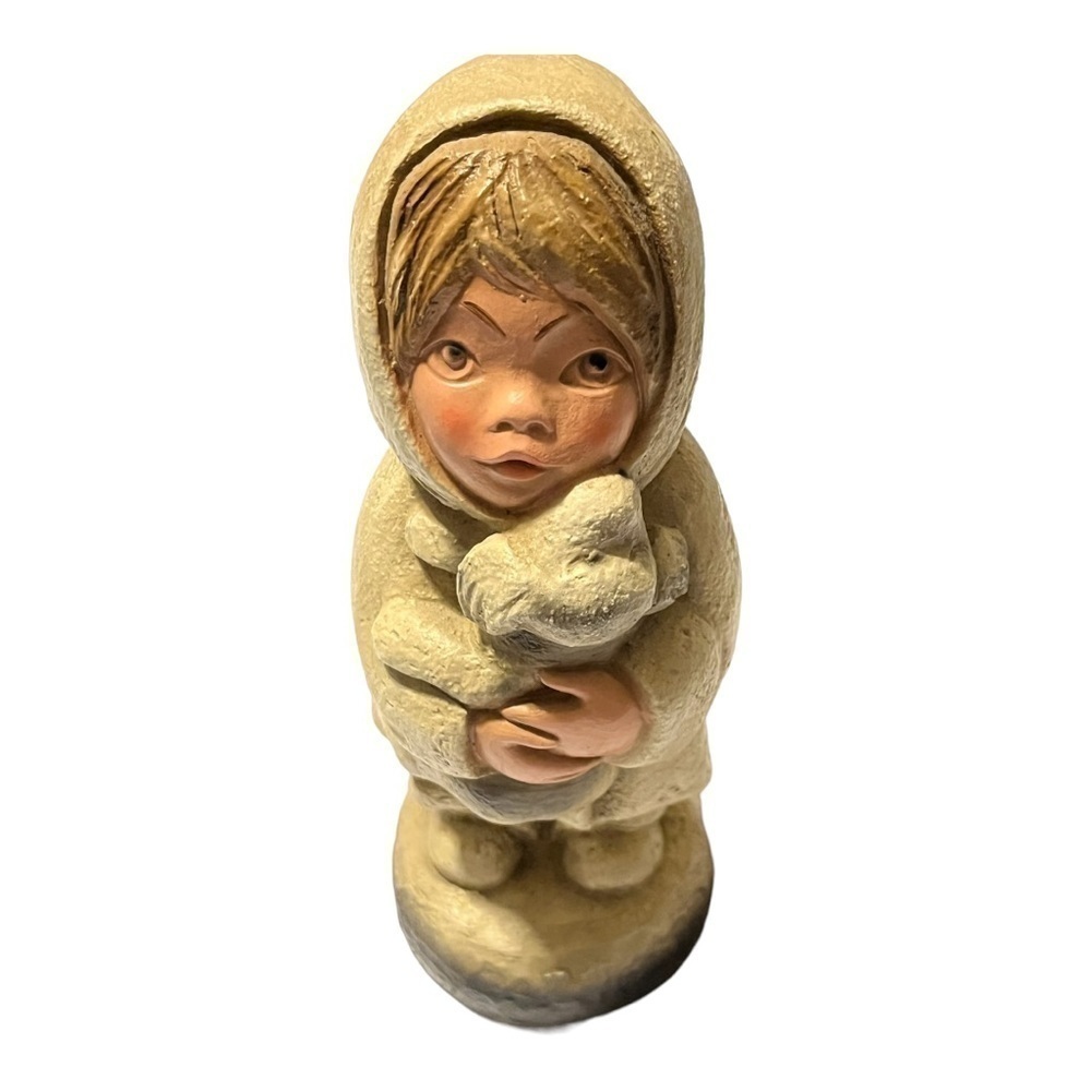 VINTAGE Esco sculpture M. Brower 1974 Eskimo child holding puppy.